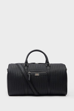 Image of Genuine Leather Duffle Bag, Travel Bag, Weave Pattern Black