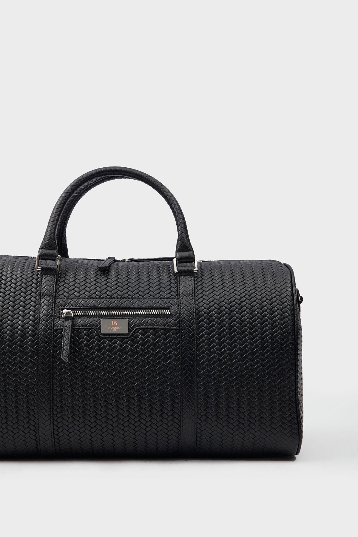 Genuine Leather Duffle Bag, Travel Bag, Weave Pattern Black