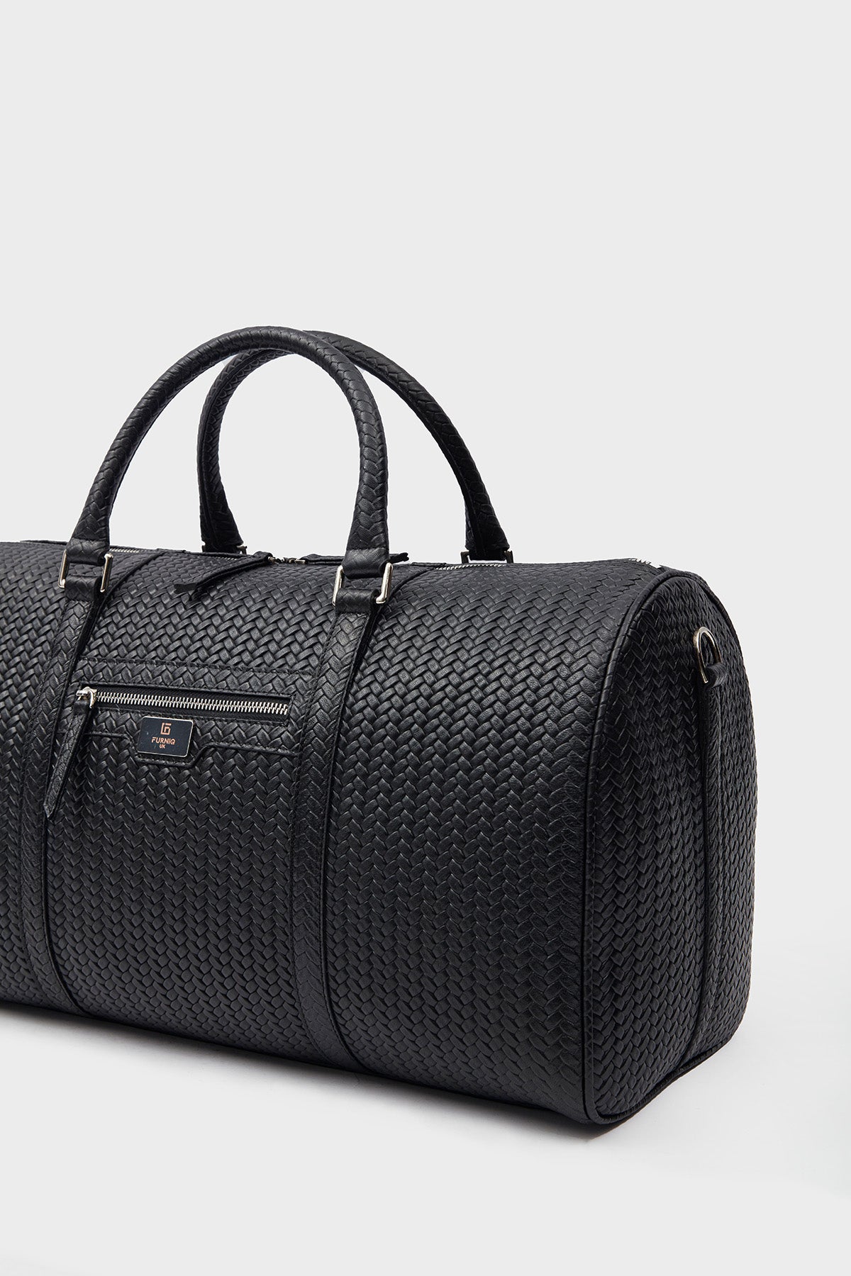 Genuine Leather Duffle Bag, Travel Bag, Weave Pattern Black