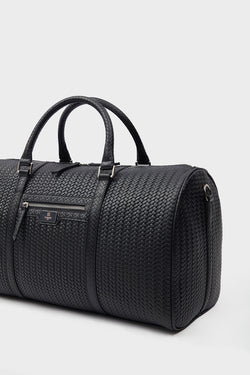 Image of Genuine Leather Duffle Bag, Travel Bag, Weave Pattern Black