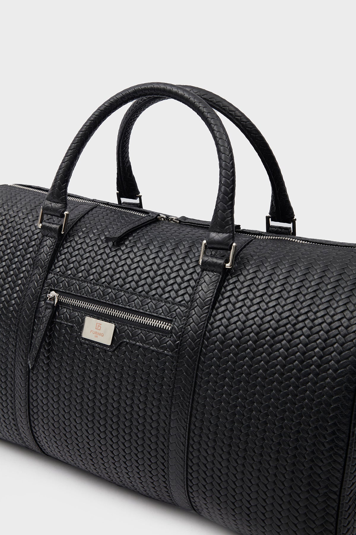 Genuine Leather Duffle Bag, Travel Bag, Weave Pattern Black