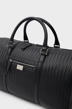 Image of Genuine Leather Duffle Bag, Travel Bag, Weave Pattern Black