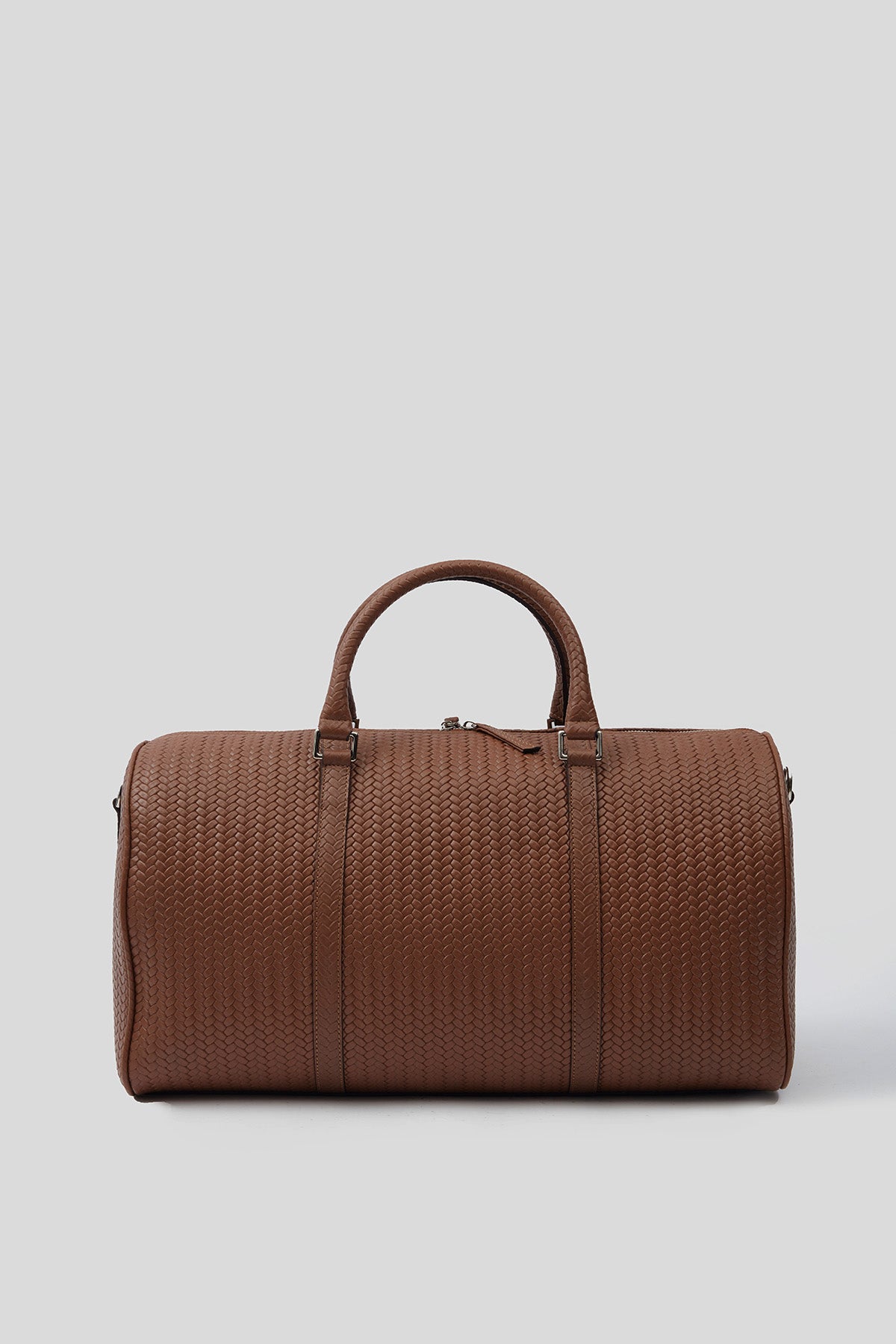 Genuine Leather Duffle Bag, Travel Bag, Weave Pattern Brown