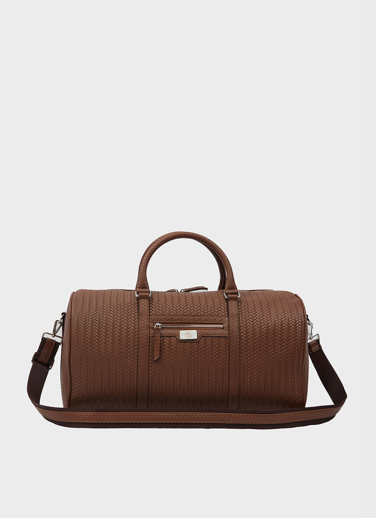 Genuine Leather Duffle Bag, Travel Bag, Weave Pattern Brown