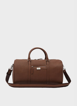 Image of Genuine Leather Duffle Bag, Travel Bag, Weave Pattern Brown