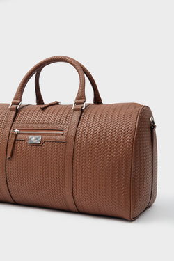 Image of Genuine Leather Duffle Bag, Travel Bag, Weave Pattern Brown