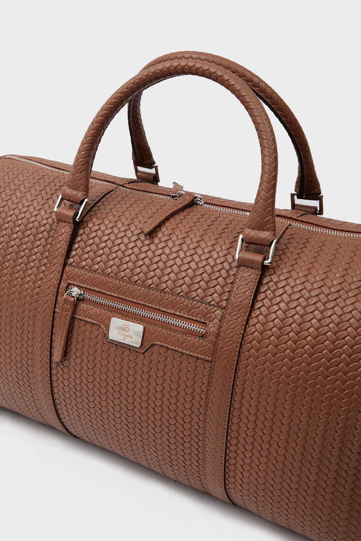 Genuine Leather Duffle Bag, Travel Bag, Weave Pattern Brown