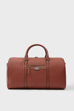 Image of Genuine Leather Duffle Bag, Travel Bag, Weave Pattern Tan