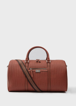 Image of Genuine Leather Duffle Bag, Travel Bag, Weave Pattern Tan