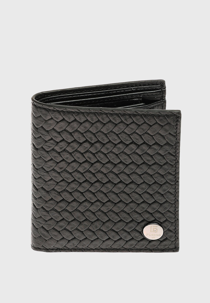 Genuine Leather Weave Pattern Black Trifold Wallet