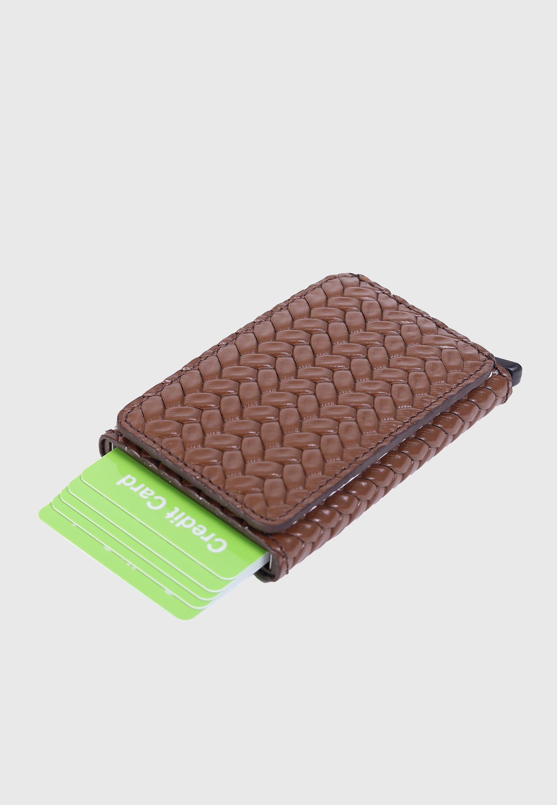 Genuine Leather Weave Pattern Brown Card Holder