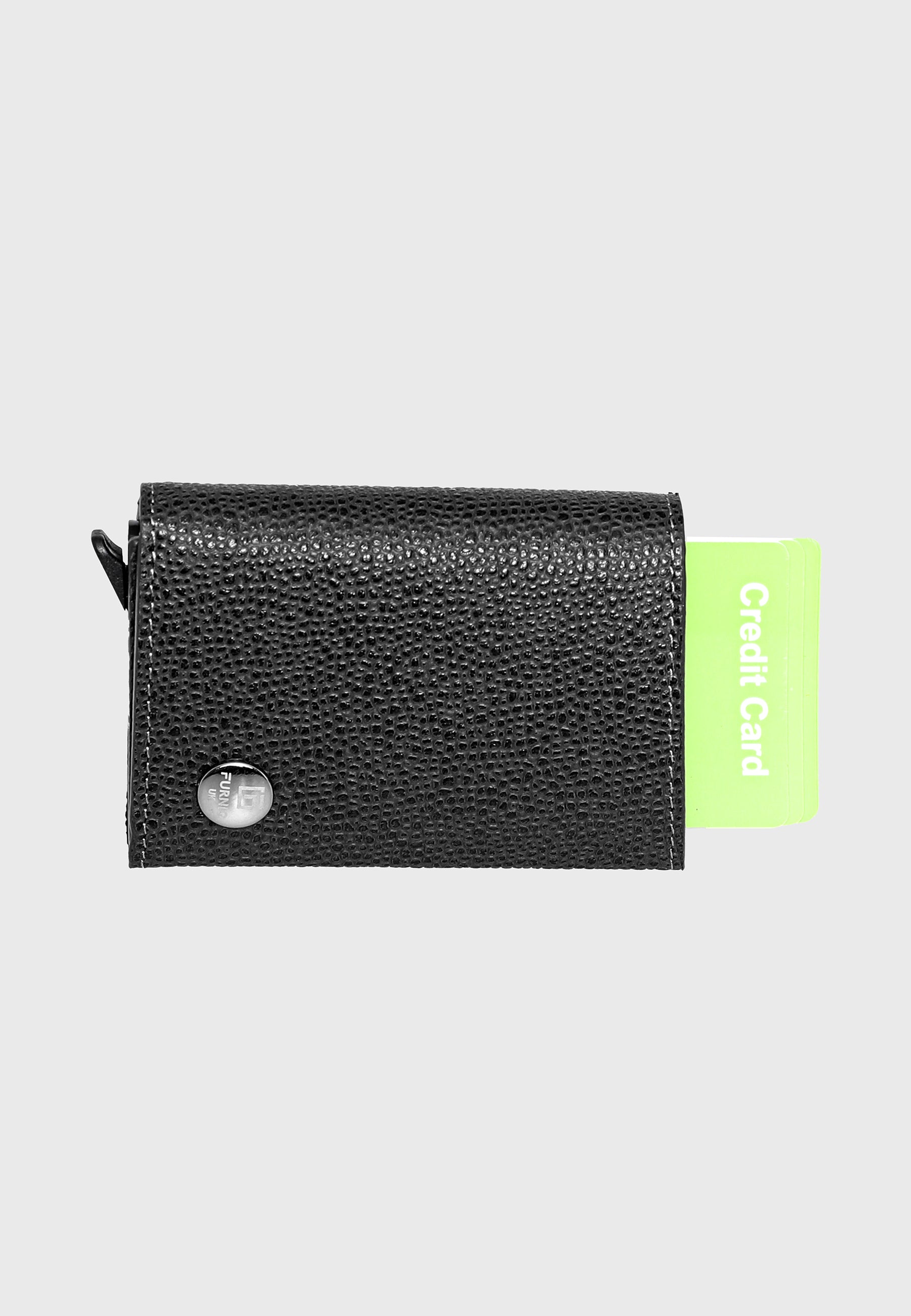 Genuine Leather Caviar Pattern Black Trifold Card Holder