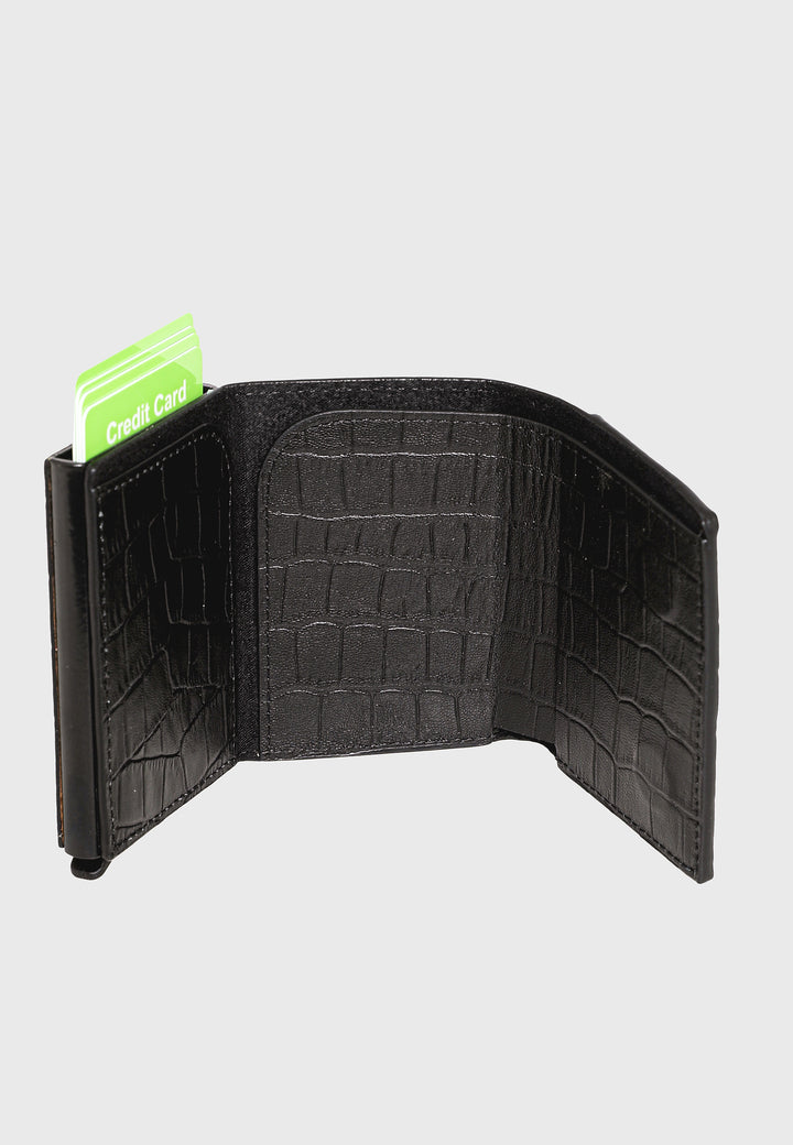 Genuine Leather Crocodile Pattern Black Trifold Card Holder