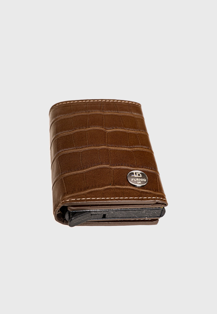 Genuine Leather Crocodile Pattern Brown Trifold Card Holder