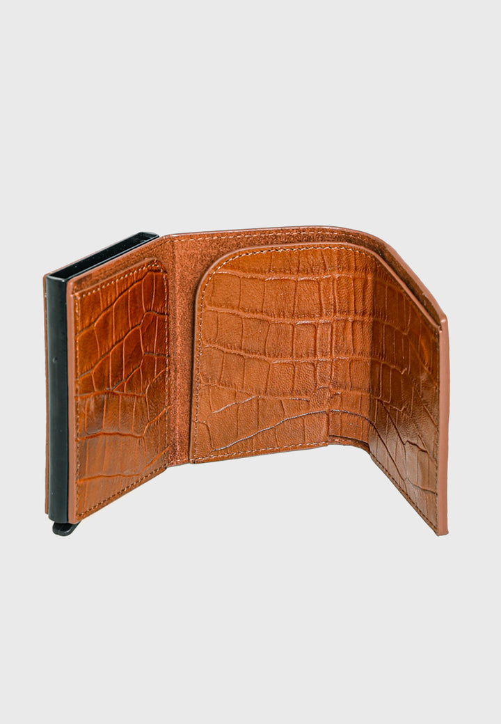 Genuine Leather Crocodile Pattern Tan Trifold Card Holder