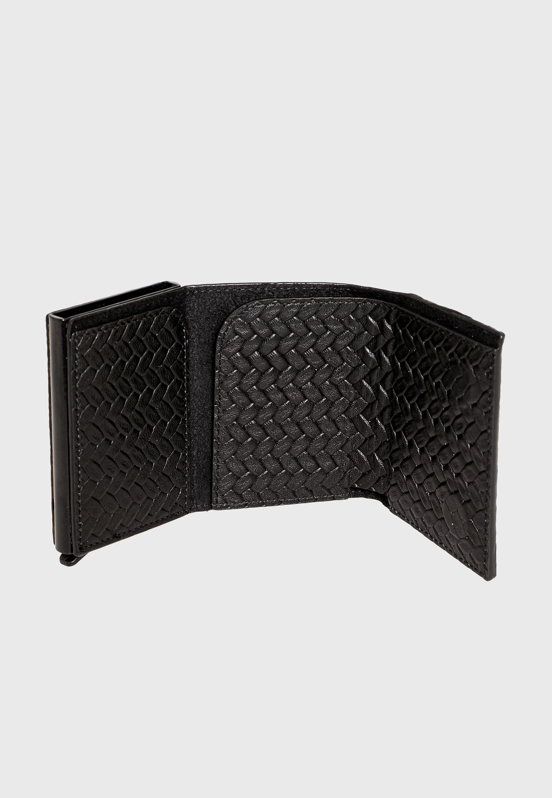 Genuine Leather Weave Pattern Black Trifold Card Holder