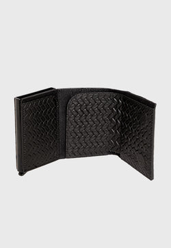 Image of Genuine Leather Weave Pattern Black Trifold Card Holder