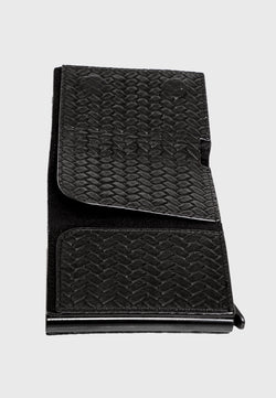 Image of Genuine Leather Weave Pattern Black Trifold Card Holder