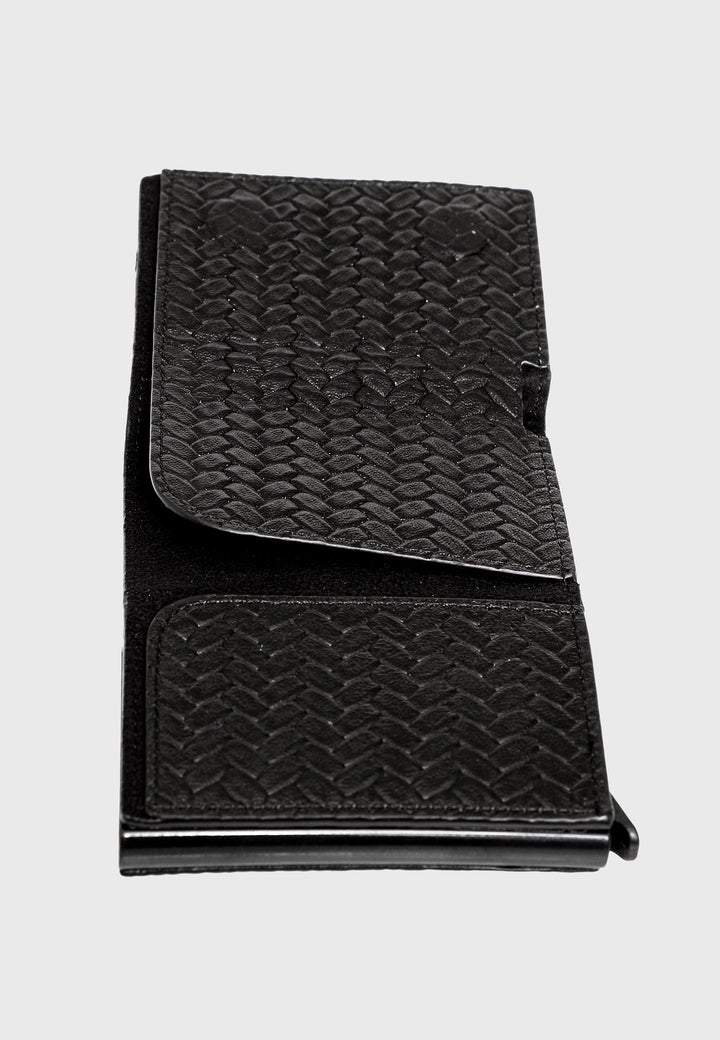 Genuine Leather Weave Pattern Black Trifold Card Holder