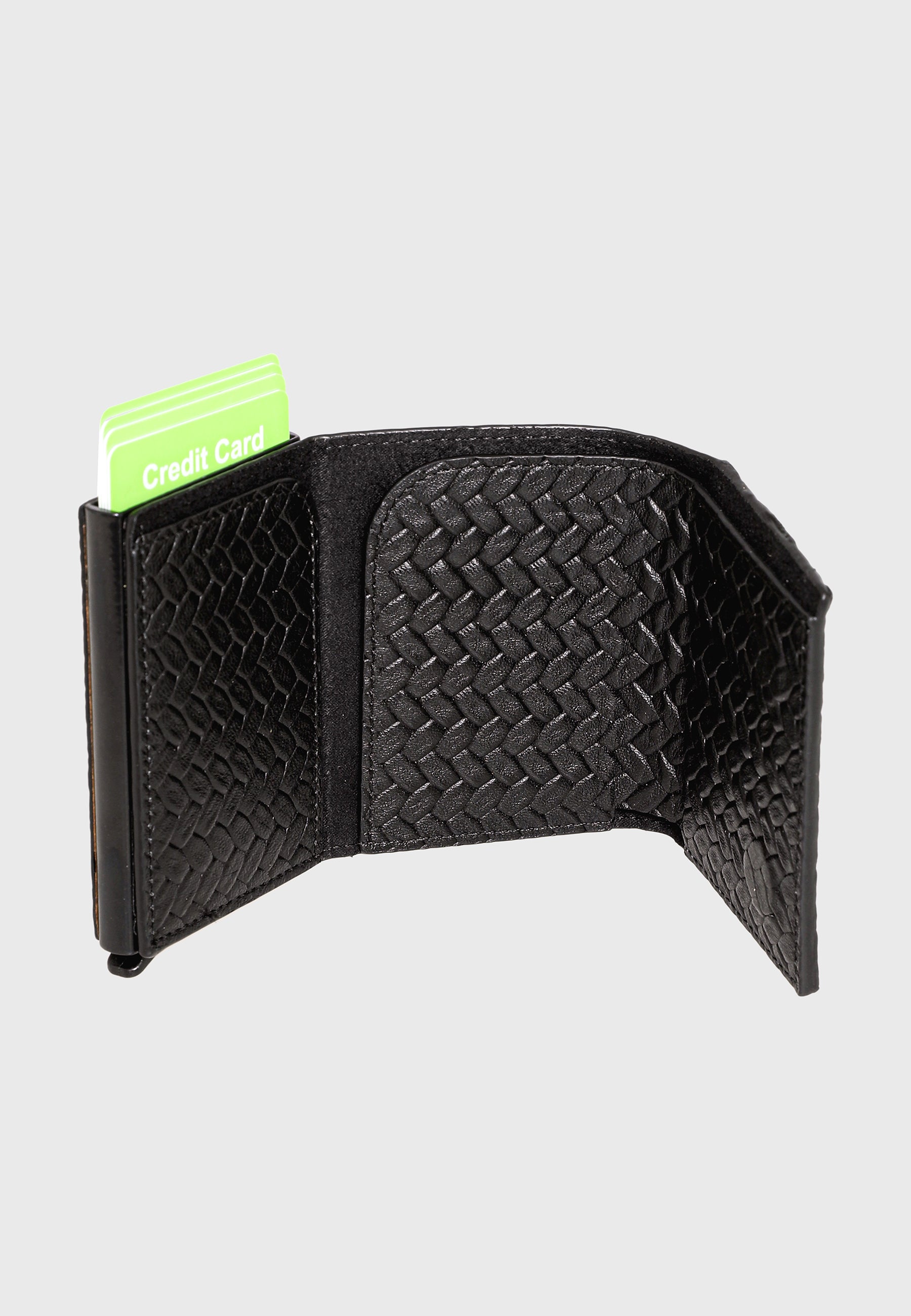 Genuine Leather Weave Pattern Black Trifold Card Holder