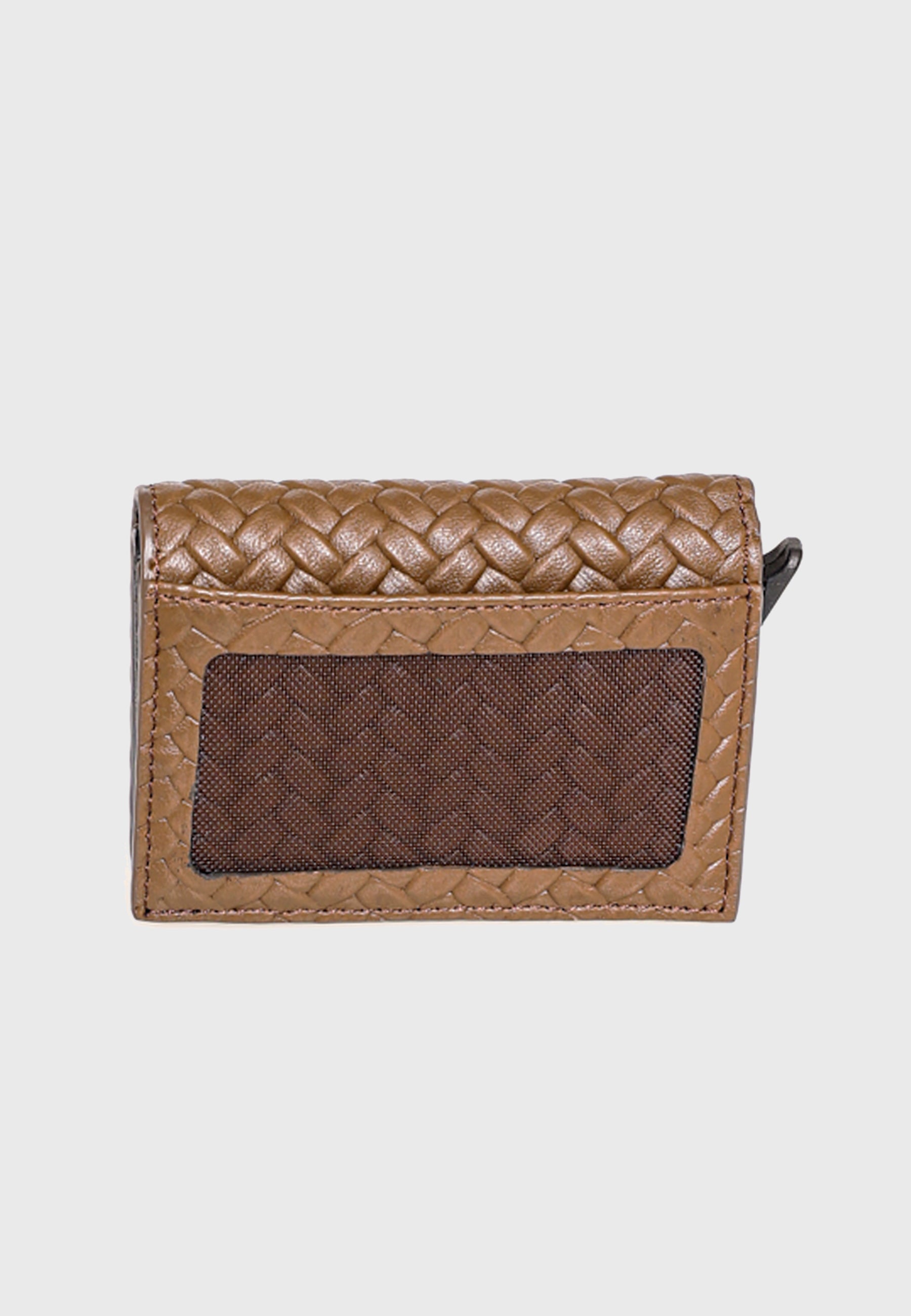 Genuine Leather Weave Pattern Brown Trifold Card Holder