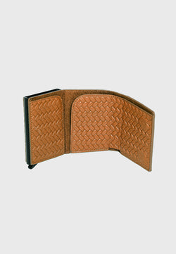 Image of Genuine Leather Weave Pattern Tan Trifold Card Holder