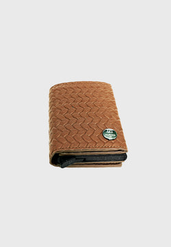 Image of Genuine Leather Weave Pattern Tan Trifold Card Holder