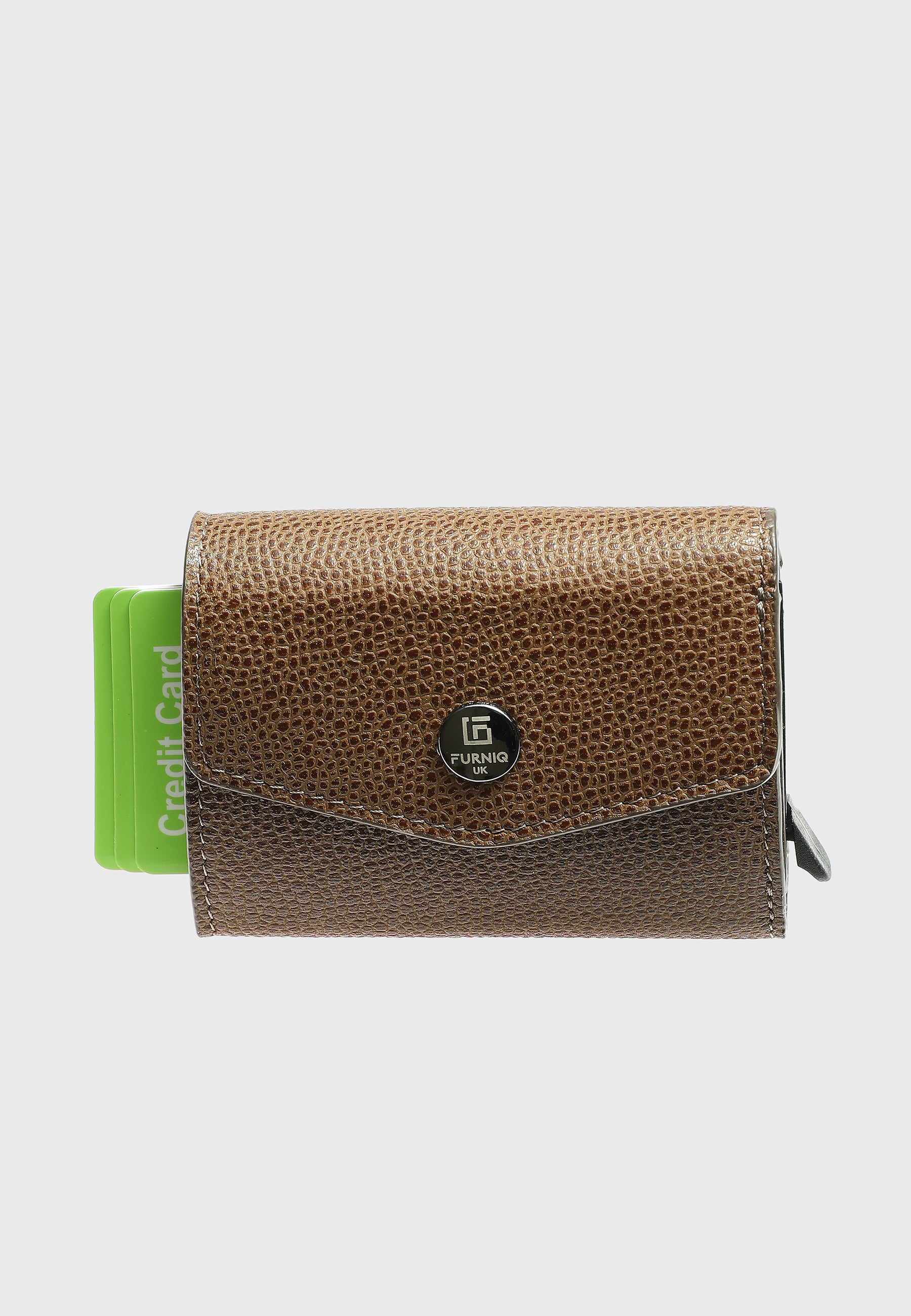 Genuine Leather Caviar Pattern Brown Snap Closure Wallet & Card Holder