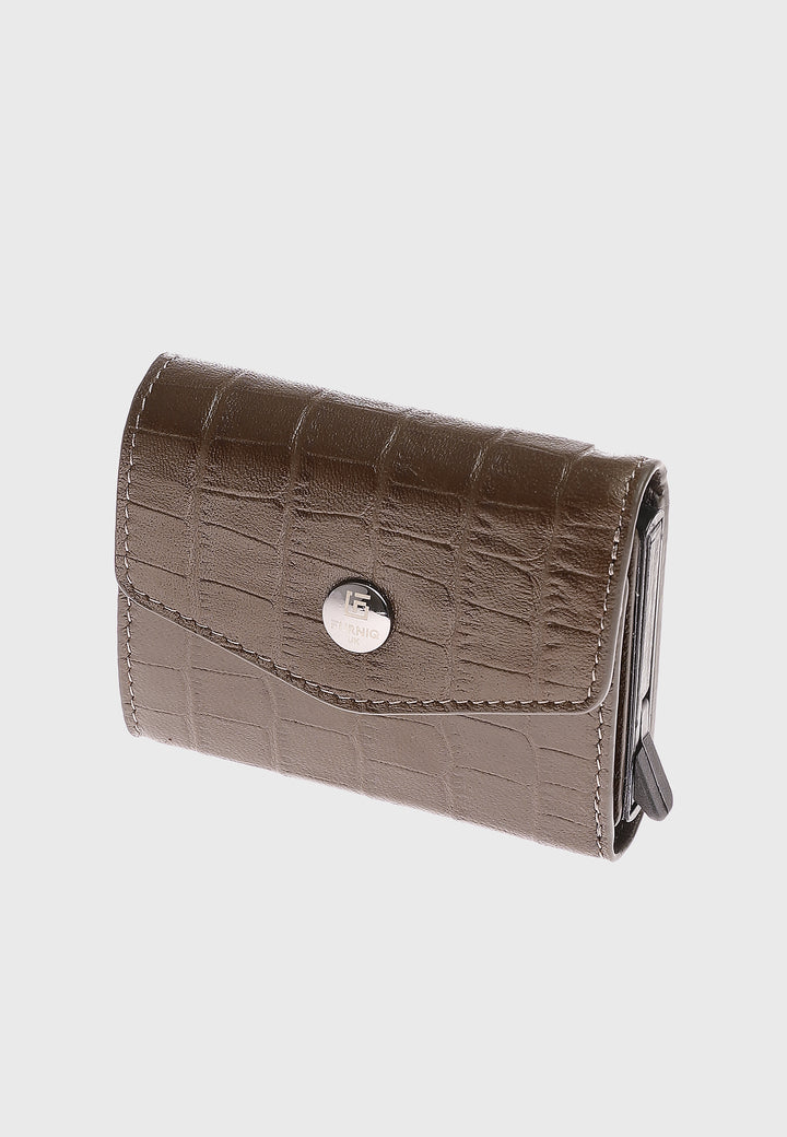 Genuine Leather Crocodile Pattern Brown Snap Closure Wallet & Card Holder