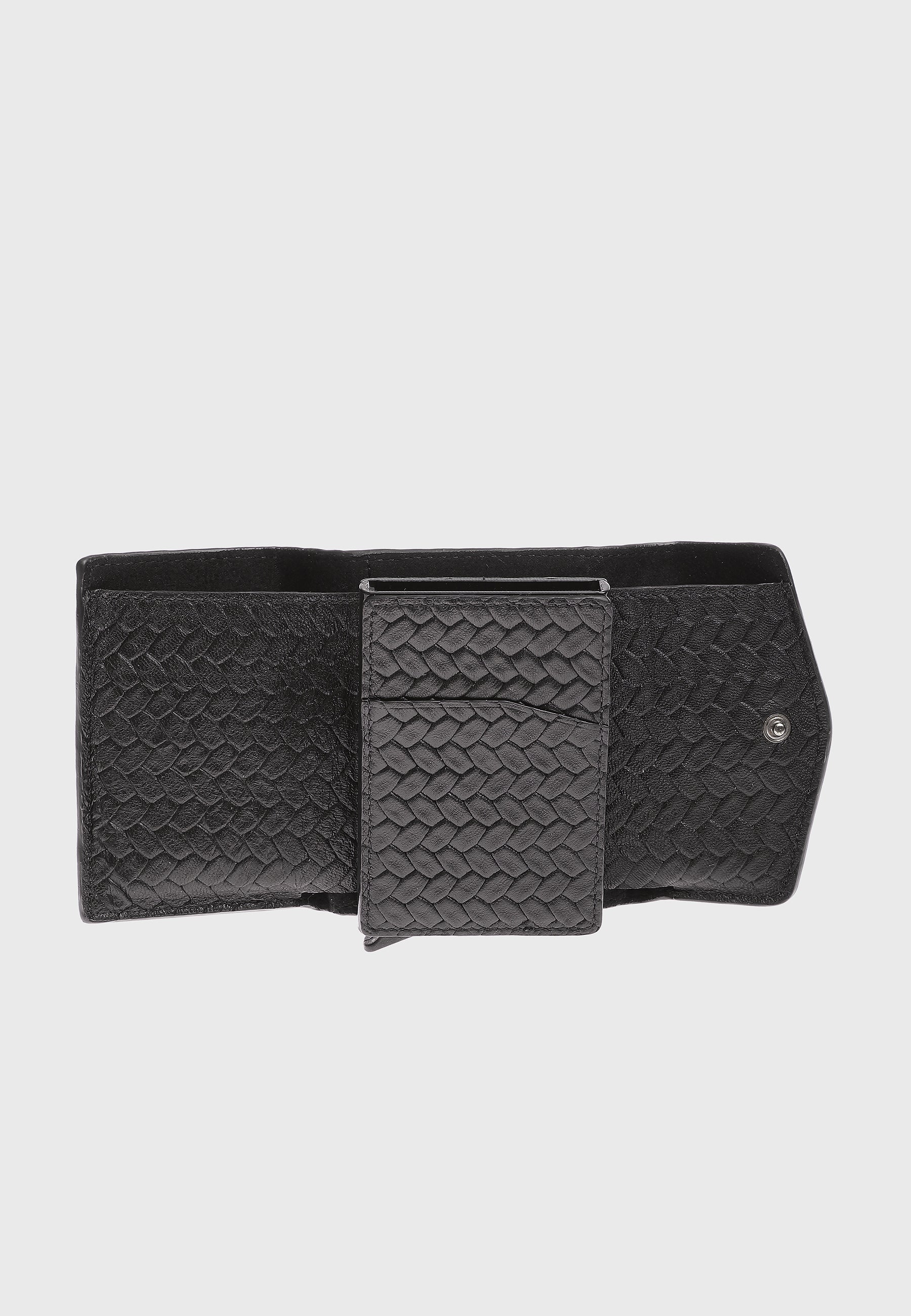 Genuine Leather Weave Pattern Black Snap Closure Wallet & Card Holder