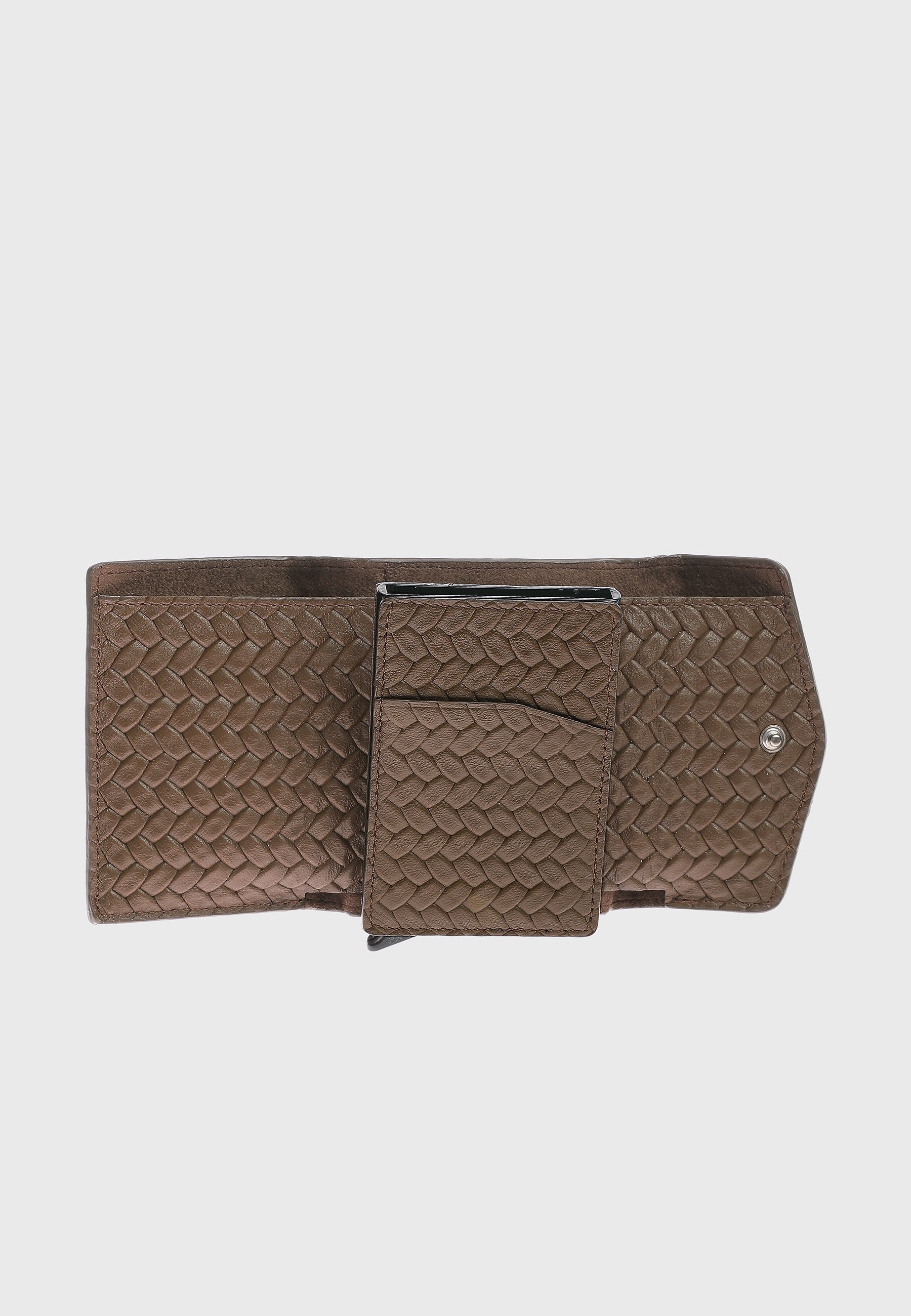 Genuine Leather Weave Pattern Brown Snap Closure Wallet & Card Holder