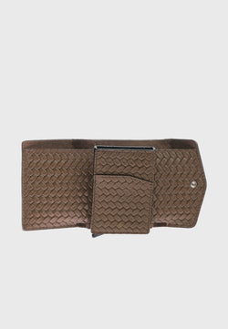 Image of Genuine Leather Weave Pattern Brown Snap Closure Wallet & Card Holder